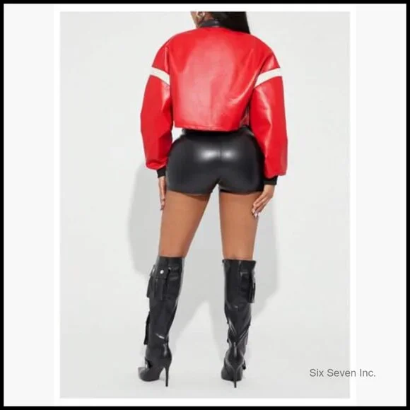 Motorcycle Letter Graphic Zip Up Leather Jacket Cropped Outwear - Picture 2 of 5